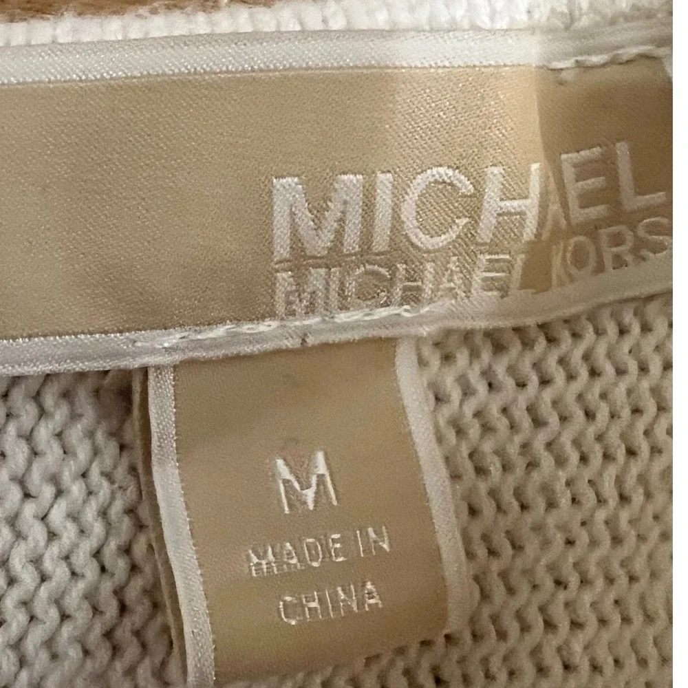 Michael Kors White Short Sleeve Knit Top Back Gold Zipper Curved Hem Size Medium